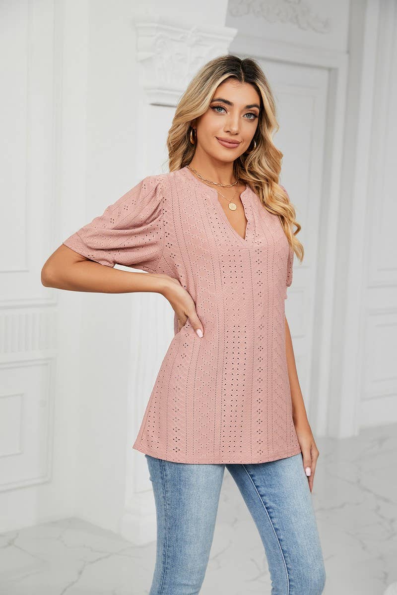 CWTSTS0358_V-Neck Short Sleeve Knit Top