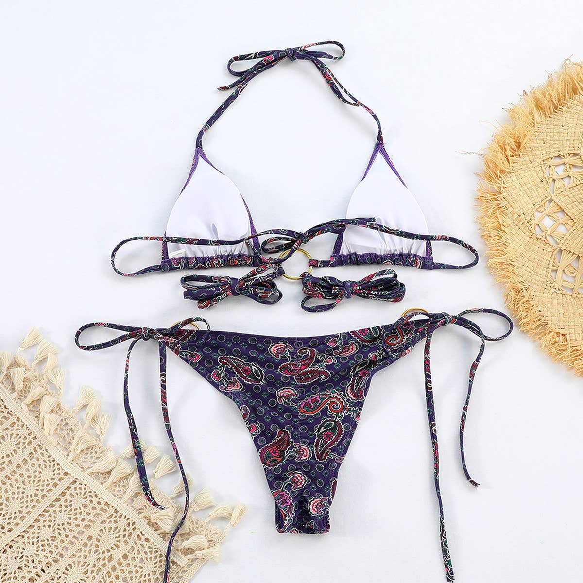 Sexy Metal Ring Bikini - Cashew Print Swimwear