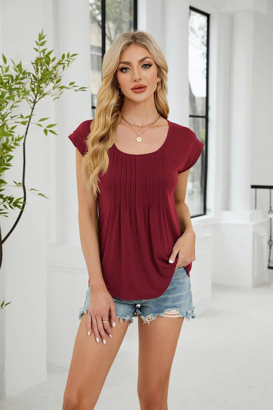 CWTBLS2279_SOLID U-NECK STRIPED LOOSE FIT CASUAL T-SHIRT