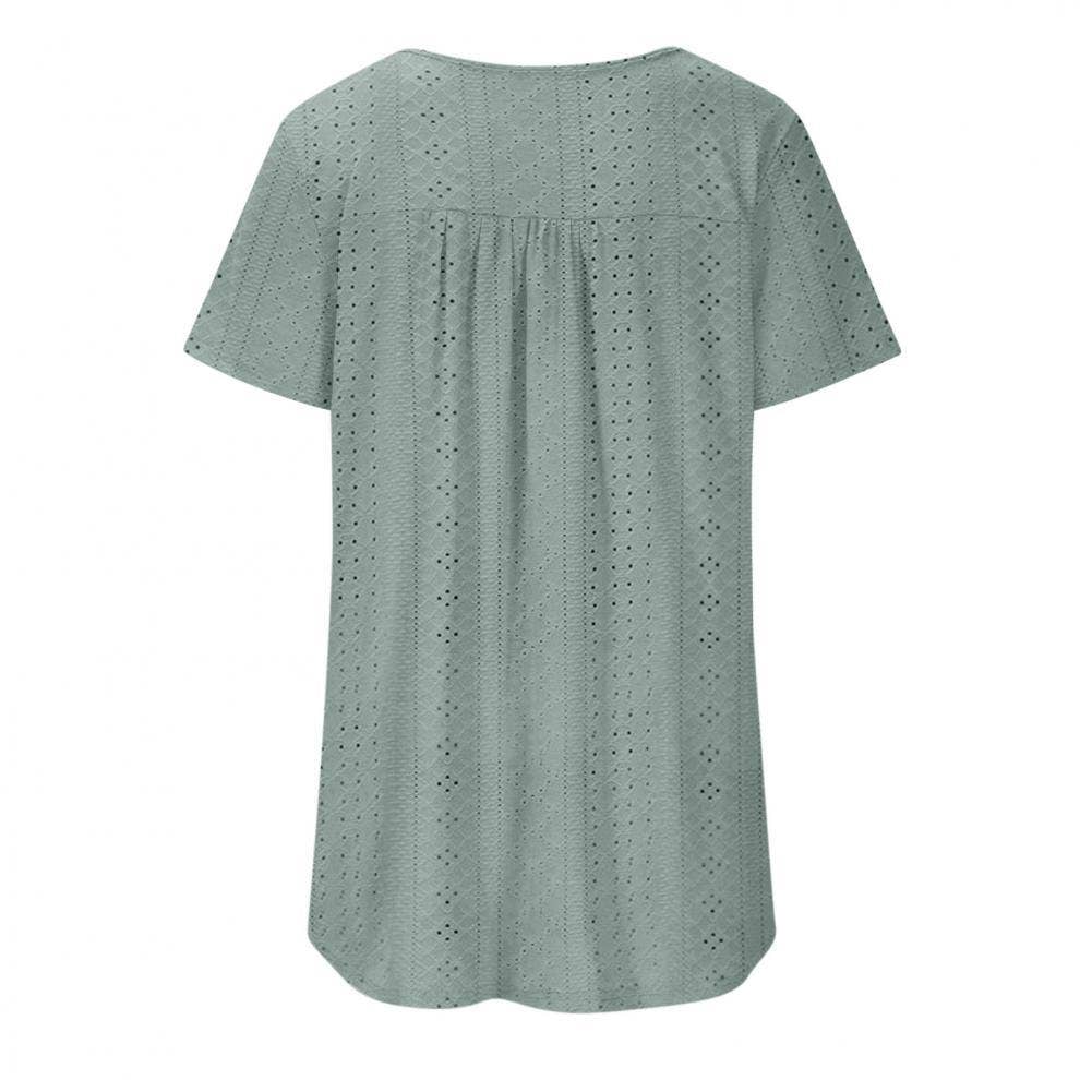 Crew-neck pleated button solid color ripped shirt