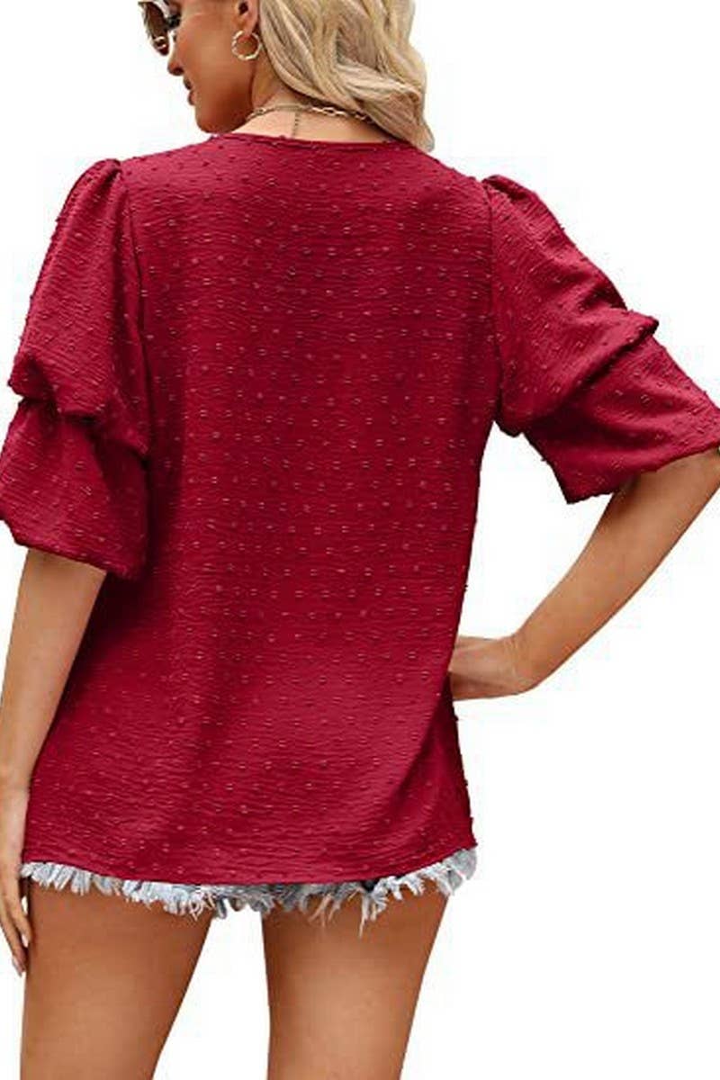 CWTBLS02488_V-NECK LANTERN SLEEVE DOT CHIFFON TOP