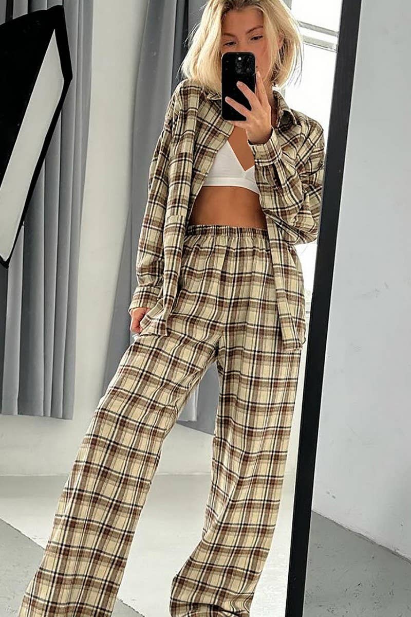 CWSPJ0212_PLAID CARDIGAN PAJAMAS TWO-PIECE HOME WEAR SET