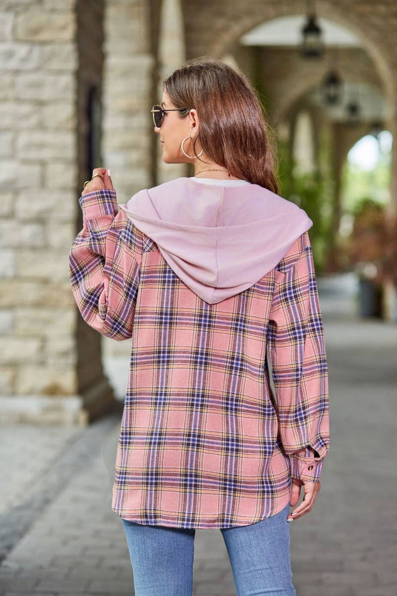 CWTSTL1718_FALL CASUAL LONG-SLEEVED HOODED PLAID SHIRT TOP