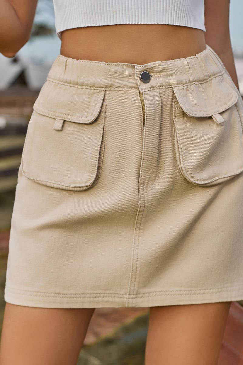 CWJSK00233_WASHED ELASTIC WAIST DENIM MINI SKIRT