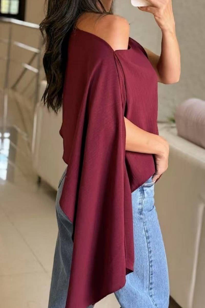 CWTBLSL0898_OFF SHOULDER LOOSE BATWING SLEEVE SOLID TOP