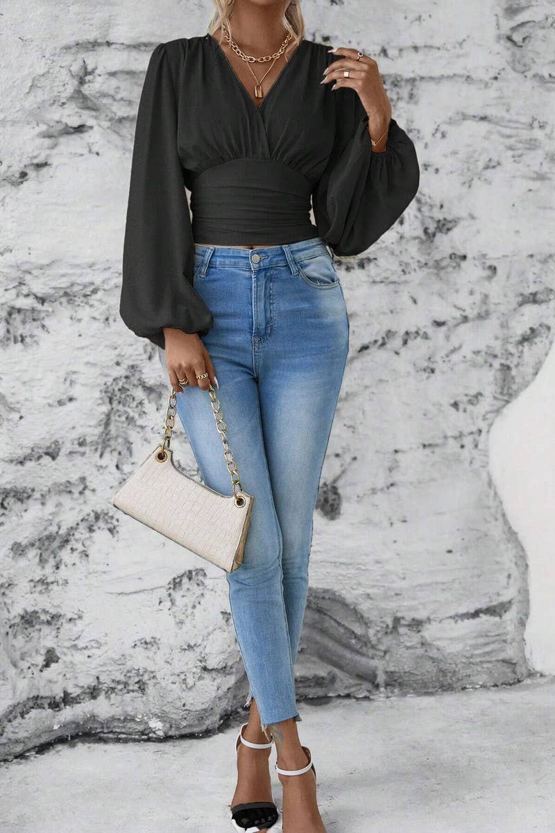 CWTTL2007_SPRING AND AUTUMN FASHION WAIST V-NECK TOP