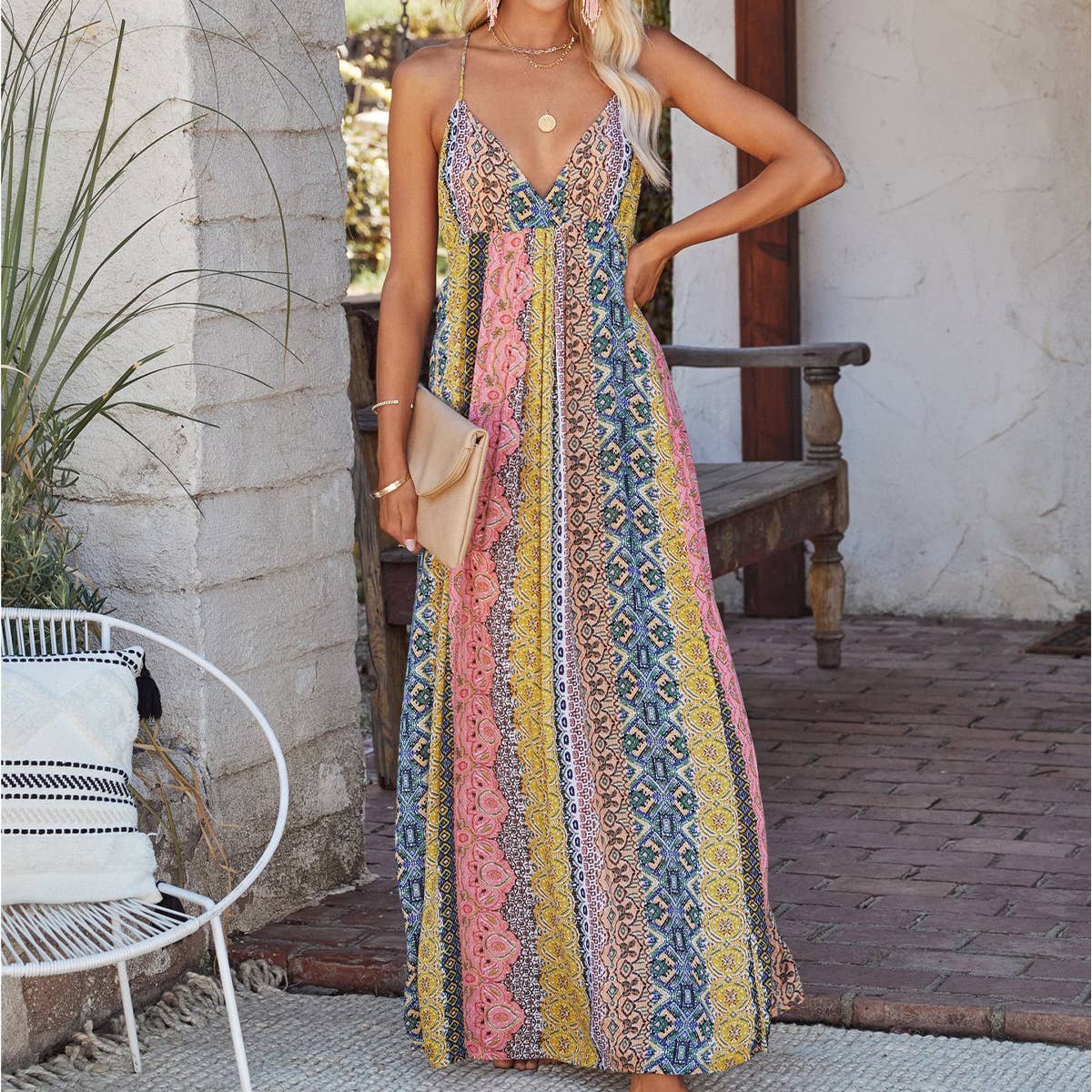 Bohemian floral print strap maxi dress