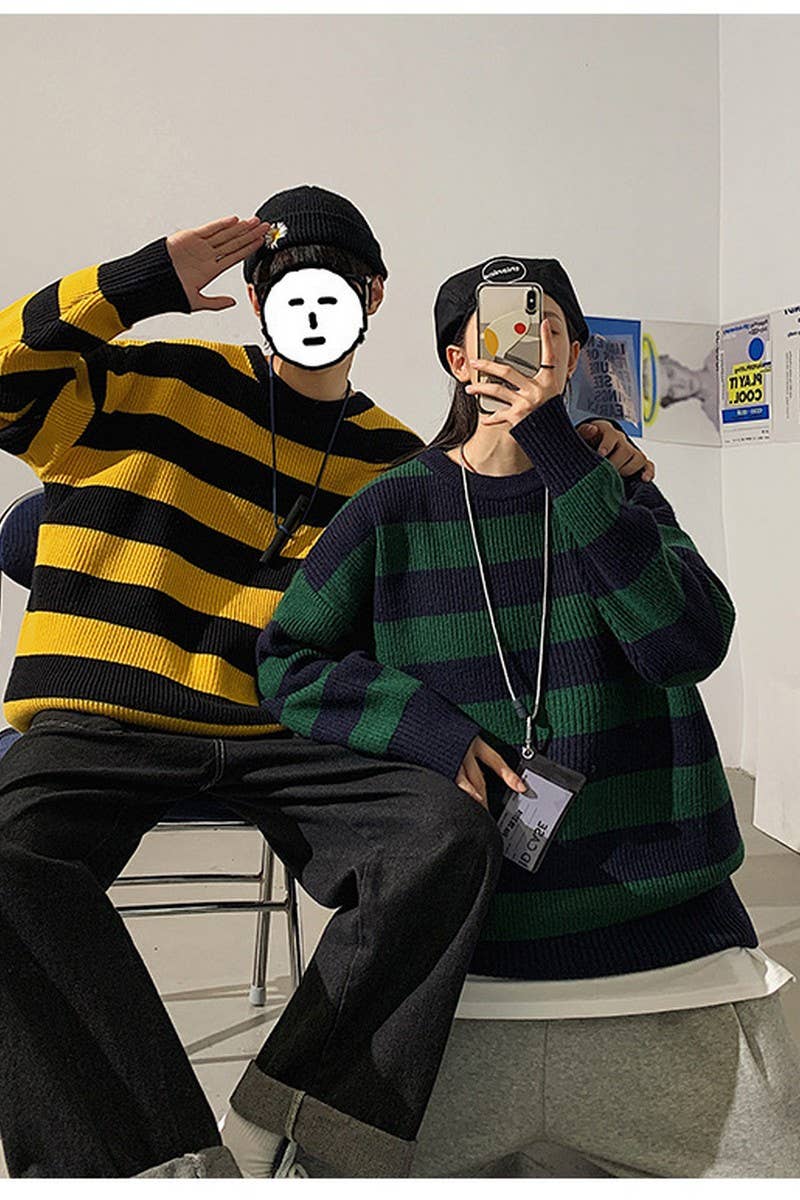 CWOSWL5737_CREW NECK LONG SLEEVE STRIPED KNIT SWEATER