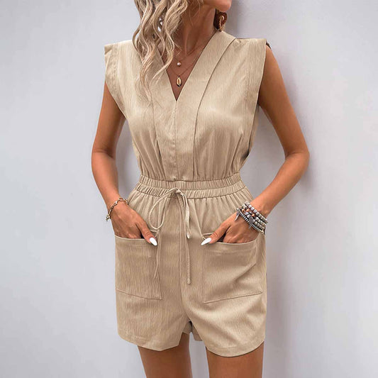 Drawstring pocket V-neck solid color jumpsuit