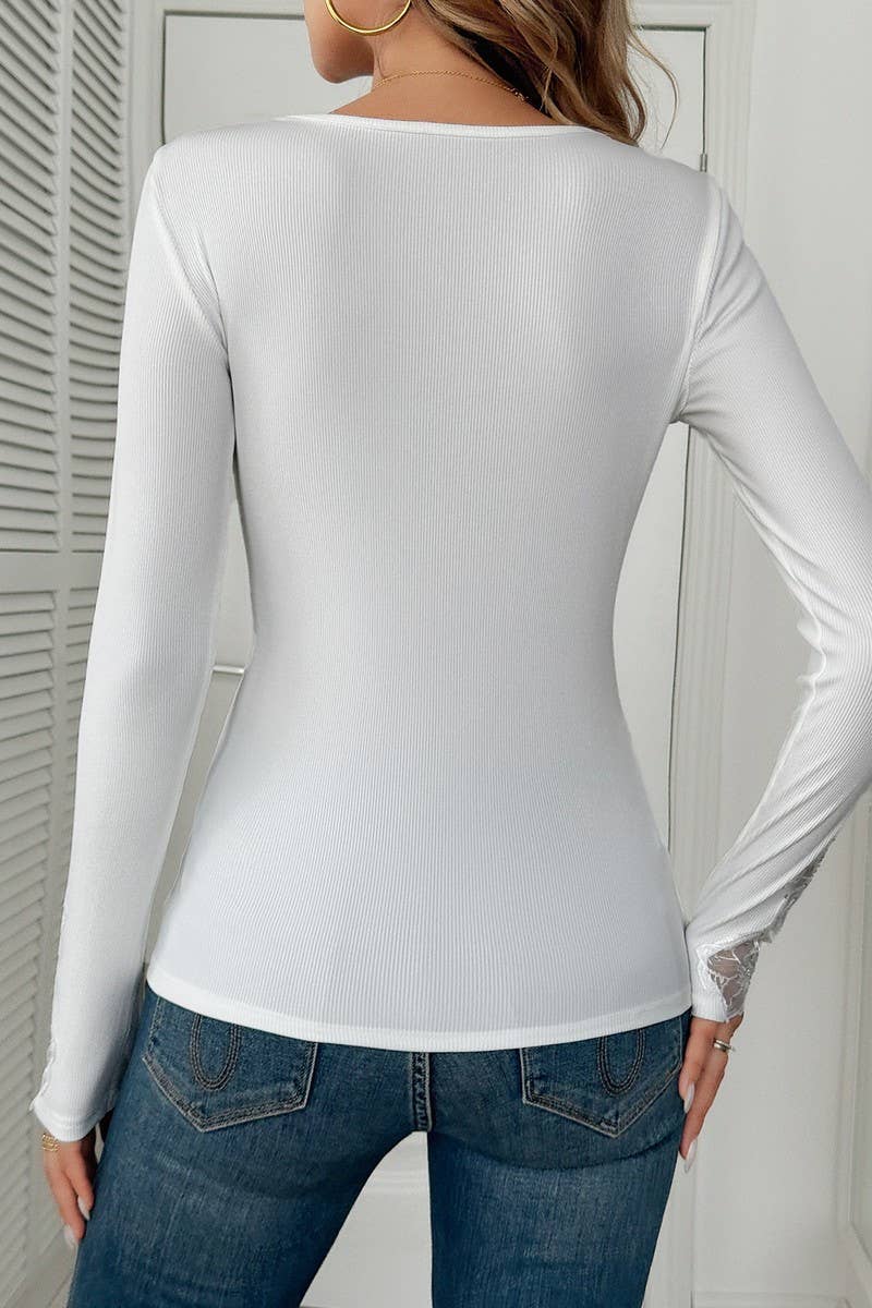 CWTBLL3923_SOLID LACE TRIM RHINESTONE LONG SLEEVE TEE