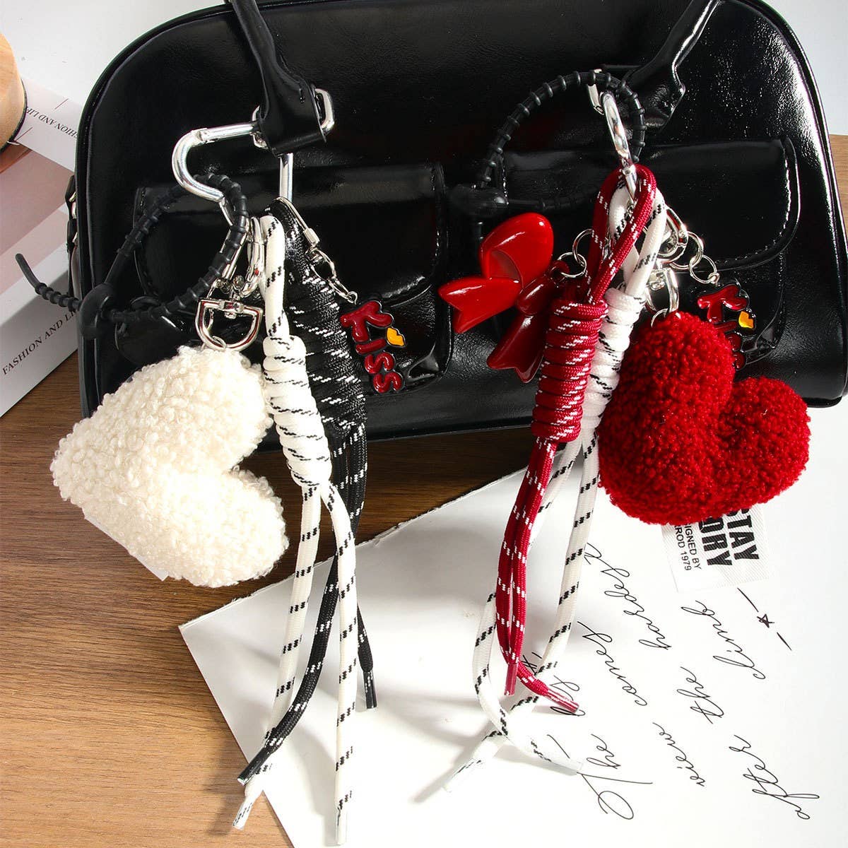 Chic Heart Bow Bag Charm with Braided Strap_CWMM7629