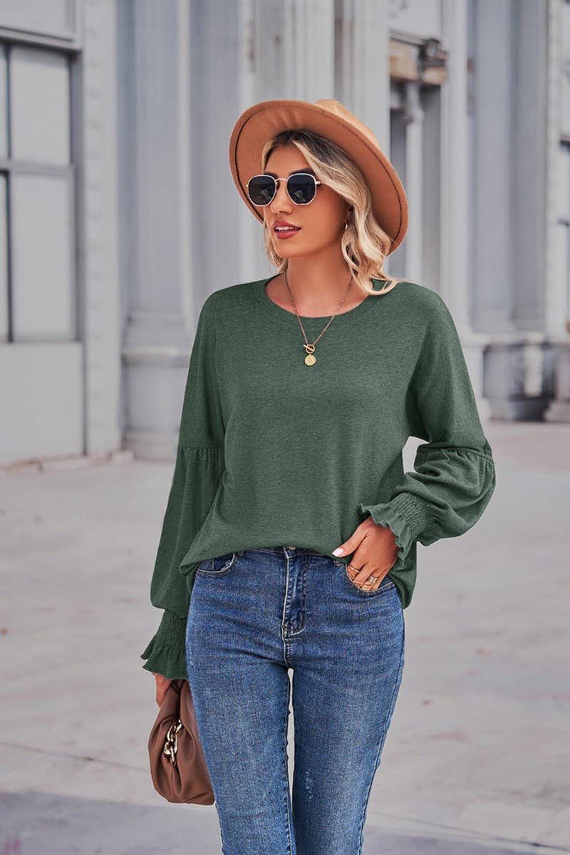 CWTBLL1880_ROUND NECK LOOSE CUFFS LANTERN SLEEVE TOP