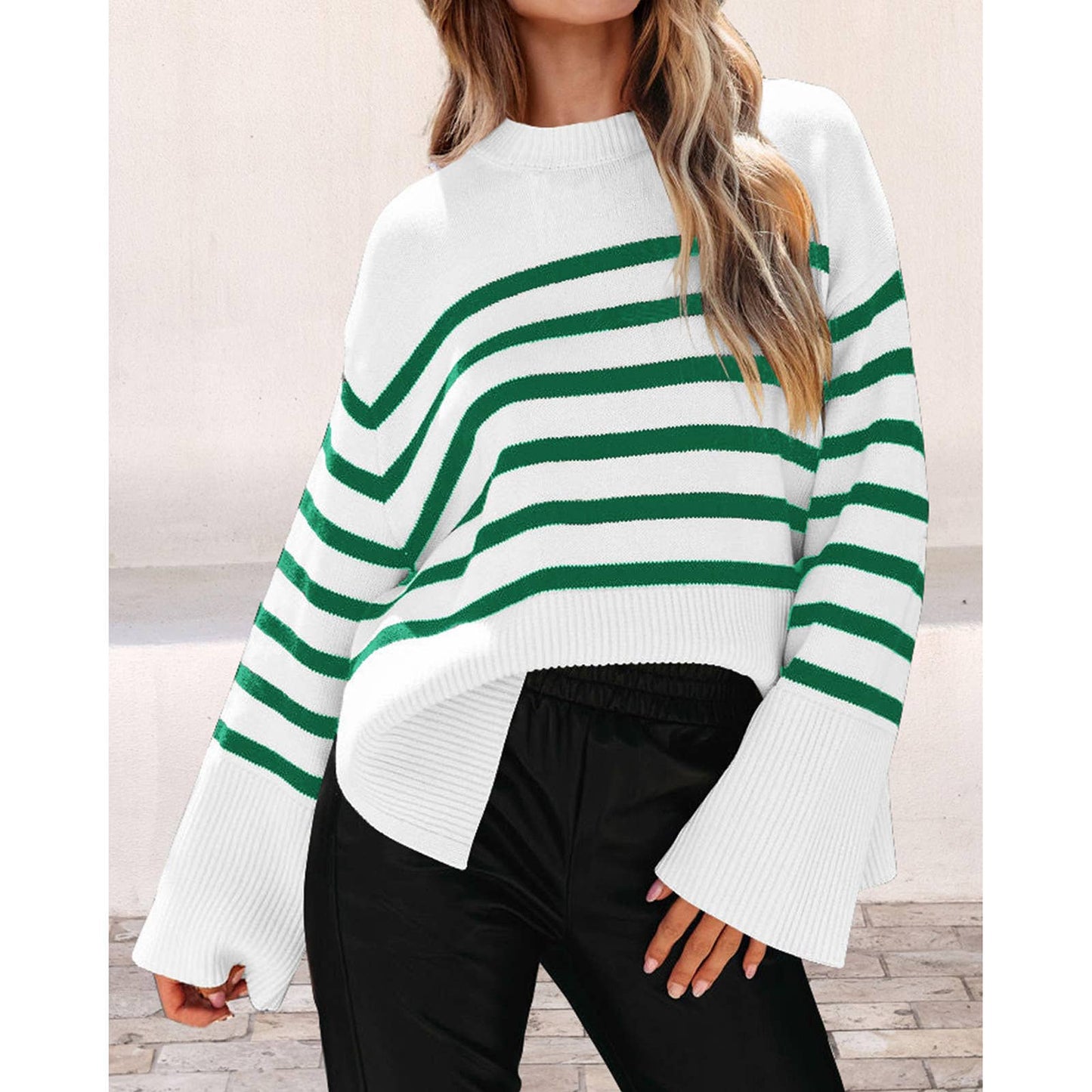 Crew-neck loose striped sweater with fat sleeves