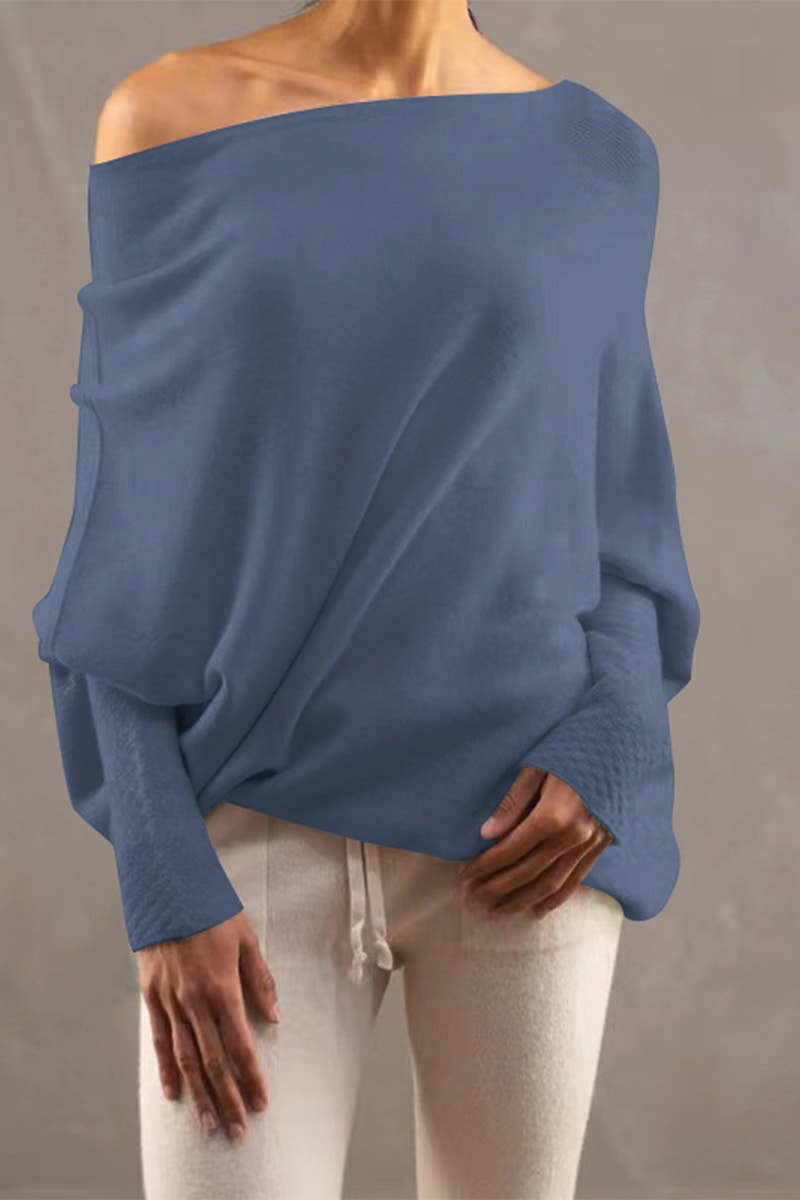 CWTDSL0122_ONE-SHOULDER VERSATILE BAT SLEEVE KNITTED TOP