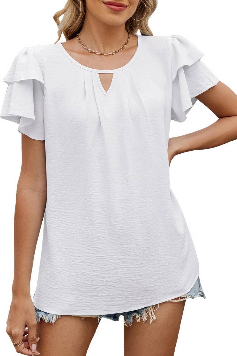 CWTTS1330_V-NECK HOLLOW DOUBLE-LAYER SLEEVE LOOSE T-SHIRT