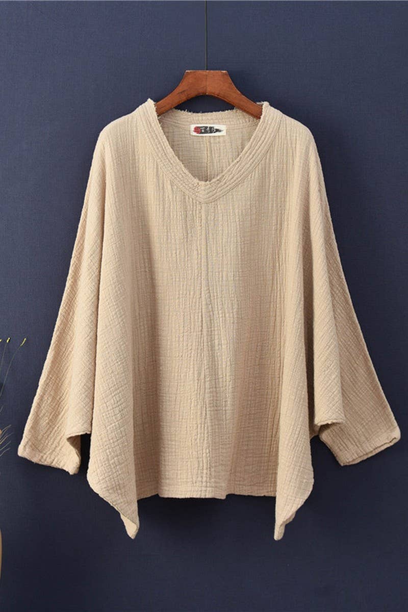 CWTBLL2463_COTTON AND LINEN PULLOVER V-NECK BAT T-SHIRT