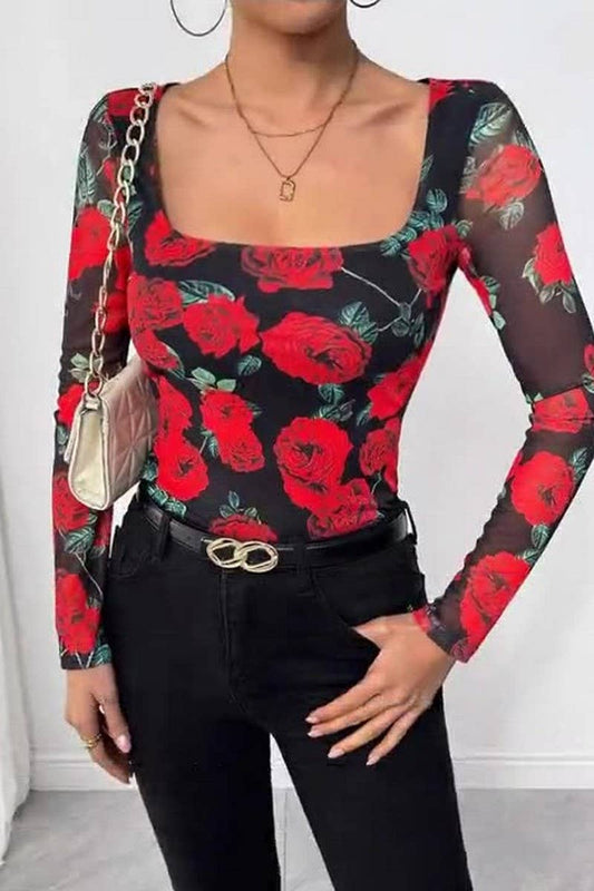 CWTBLL3913_ROSE FLORAL MESH PRINT SEXY U-NECK TEE