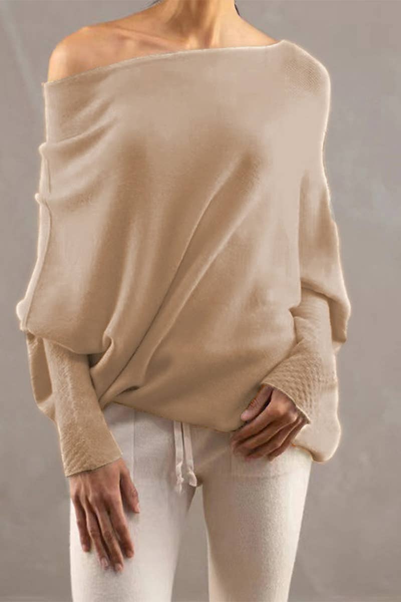 CWTDSL0122_ONE-SHOULDER VERSATILE BAT SLEEVE KNITTED TOP