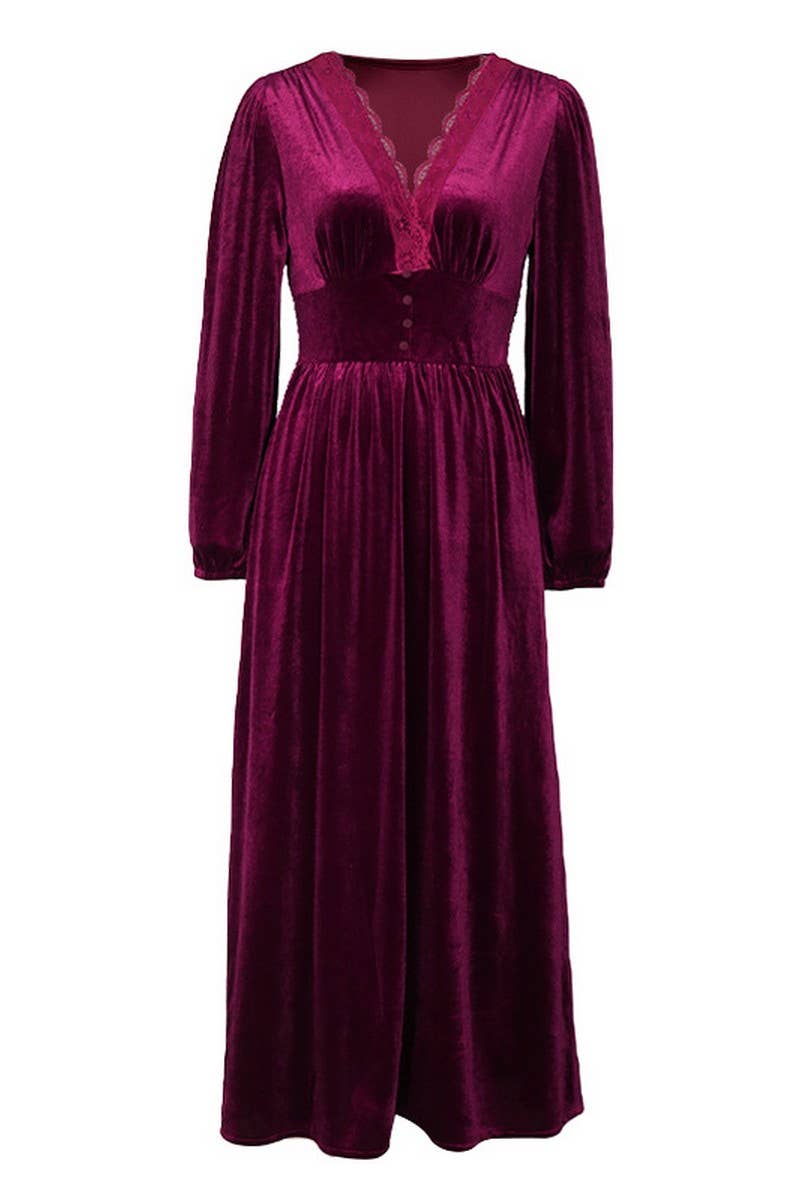CWDMD3737_V-NECK SOLID COLOR GOLD VELVET LONG-SLEEVED DRESS