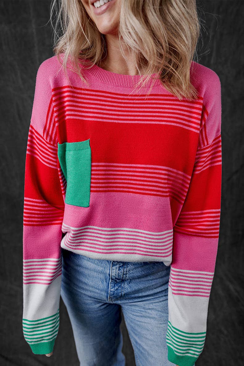 CASUAL LOOSE COLOR PATCHWORK CREW-NECK SWEATER