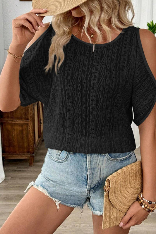 CWTBLS2261_SOLID COLD SHOULDER BATWING SLEEVE CUTOUT TEE