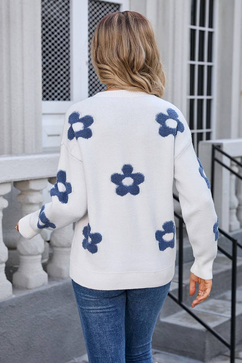 CWOSWL3110_FLORAL ROUND NECK PULLOVER LONG SLEEVE KNIT TOP
