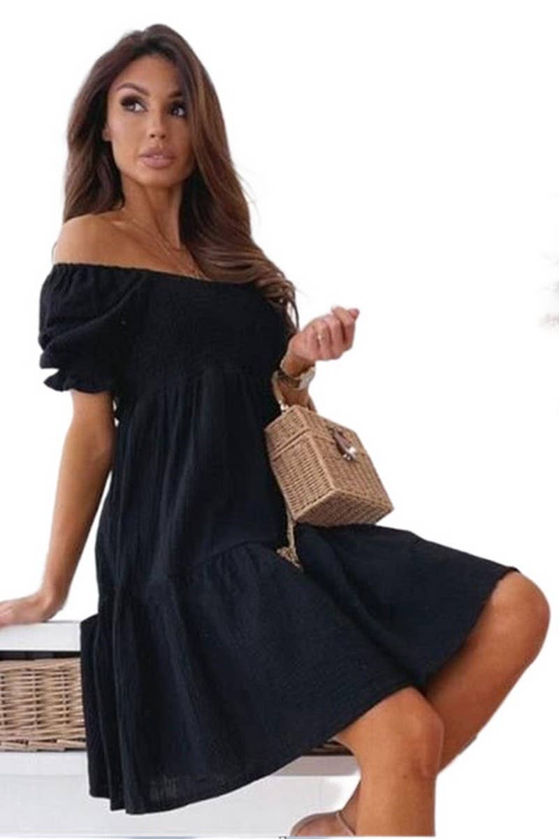 CWDSD8921_OFF-SHOULDER PLEATED SOLID COLOR DRESS