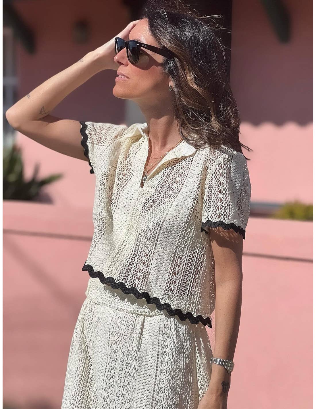 Comfortable shirt collar lace long skirt set