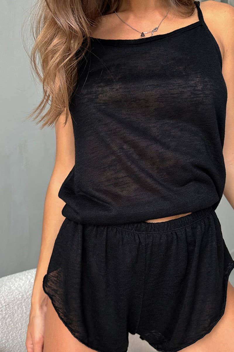 CWSPJ0199_KNITTED SOFT SUSPENDER SHORTS PAJAMAS HOME SET