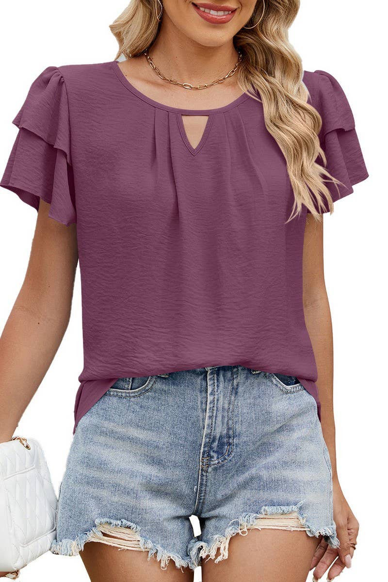 CWTBLS1737_V-NECK HOLLOW DOUBLE-LAYER SLEEVE CHIFFON TOP