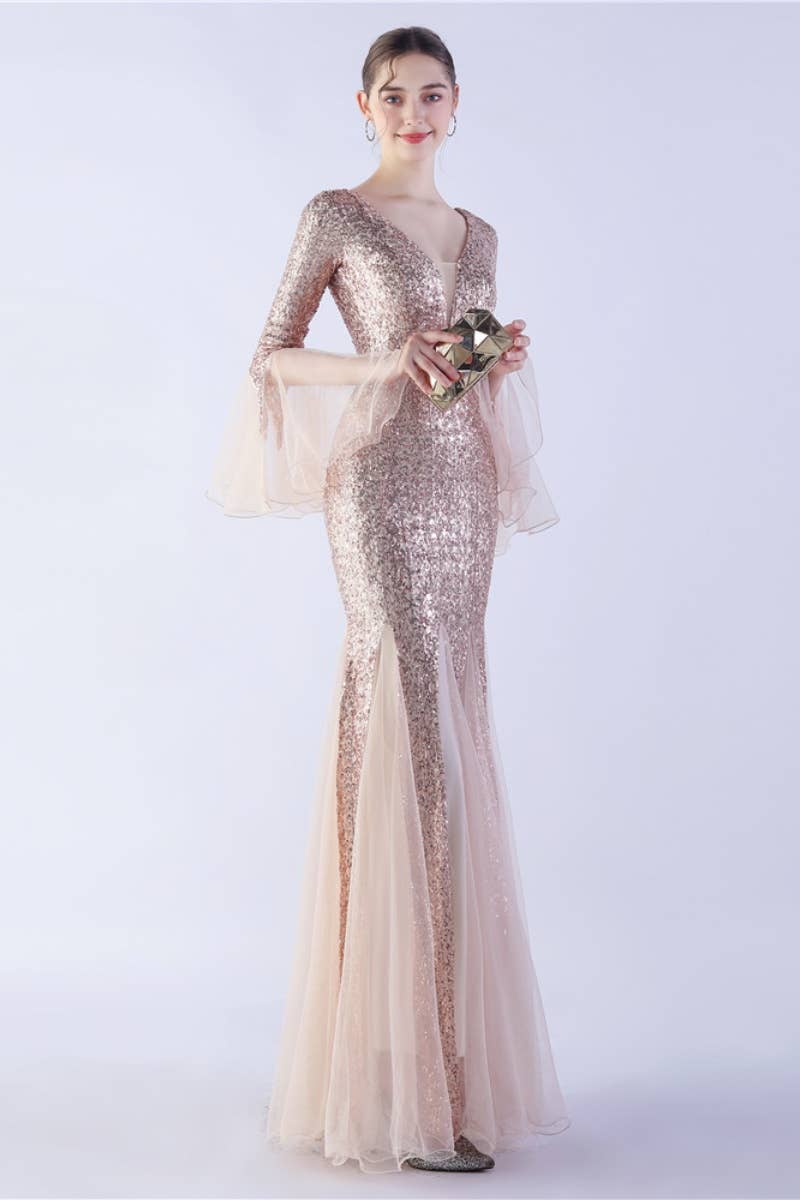 CWDMD3627_WAVY MESH BANQUET STAGE SEQUIN DRESS DRESS LONG