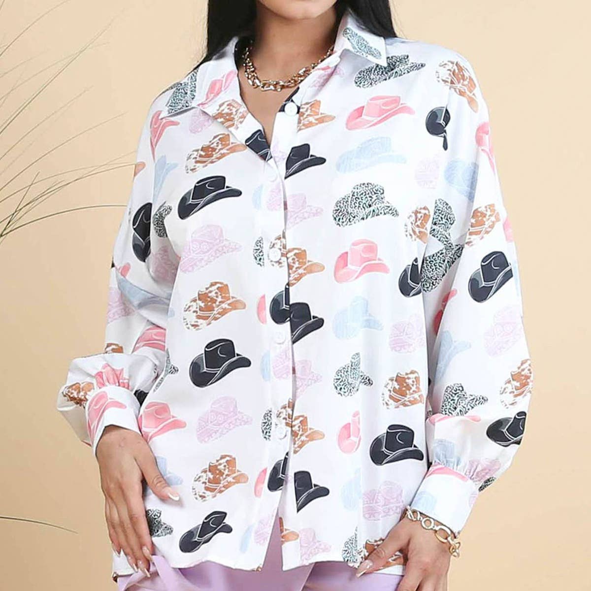COWBOY HAT PRINTED LAPEL LONG SLEEVE LOOSE SHIRT