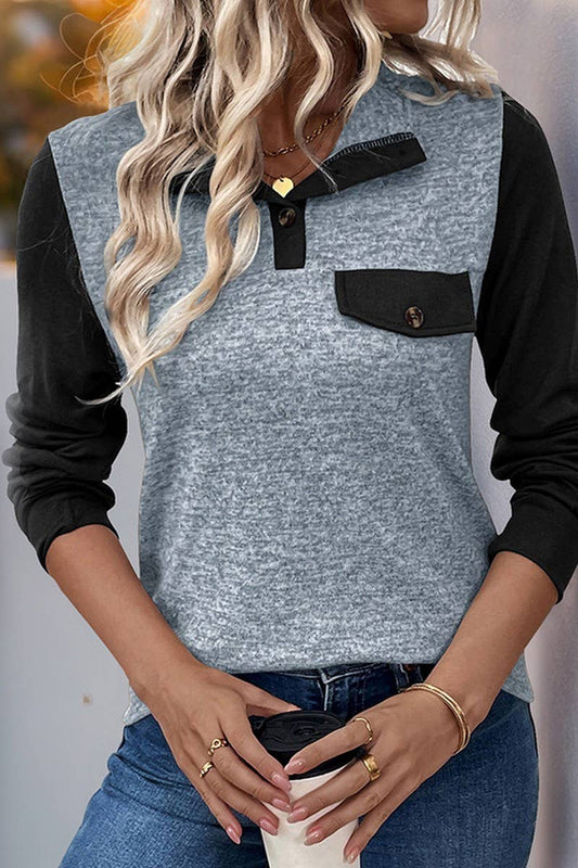 CWTBLL3707_CASUAL PULLOVER LAPEL CONTRAST COLOR SWEATSHIRT