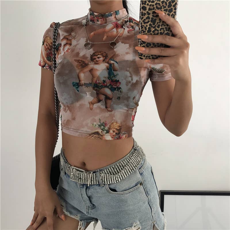 Cupid print short short-sleeved mesh T-shirt