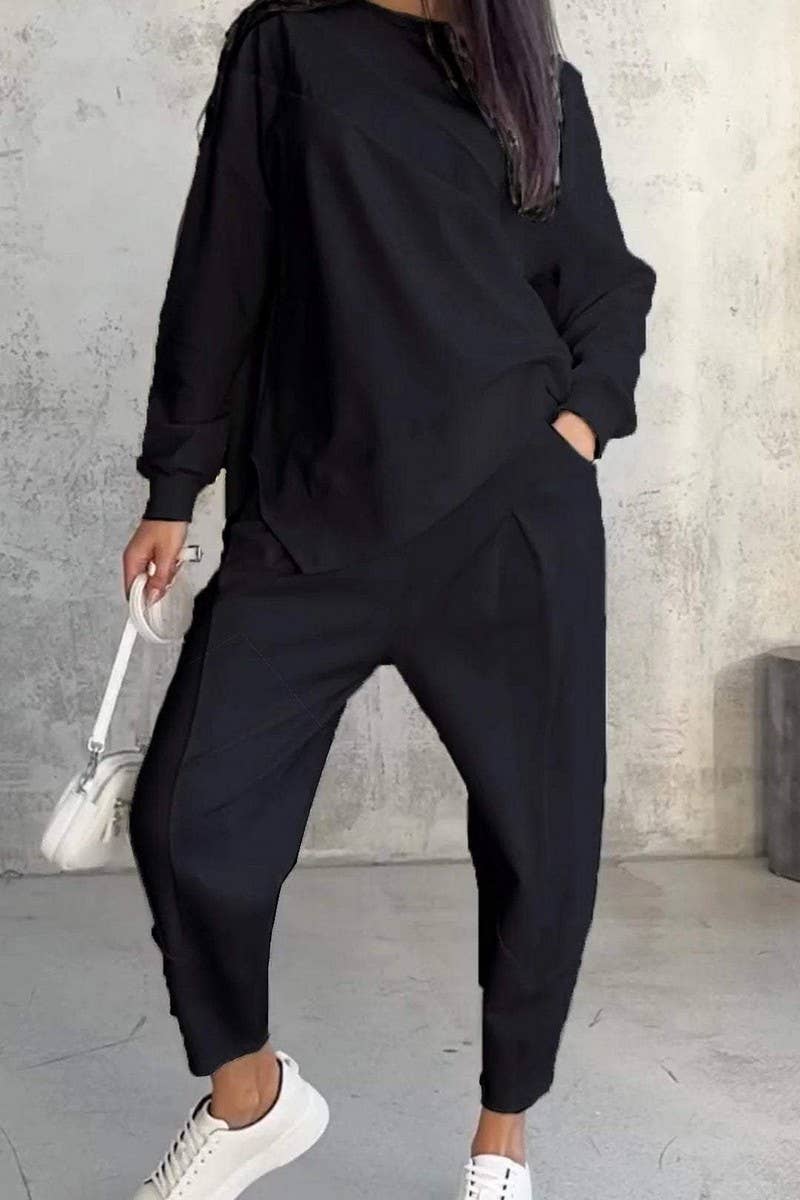 CWSS01317_CASUAL ROUND NECK LOOSE IRREGULAR SWEATSHIRT SUIT