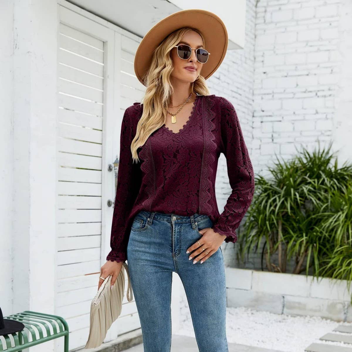 Cut-out lace sexy long sleeve lace top