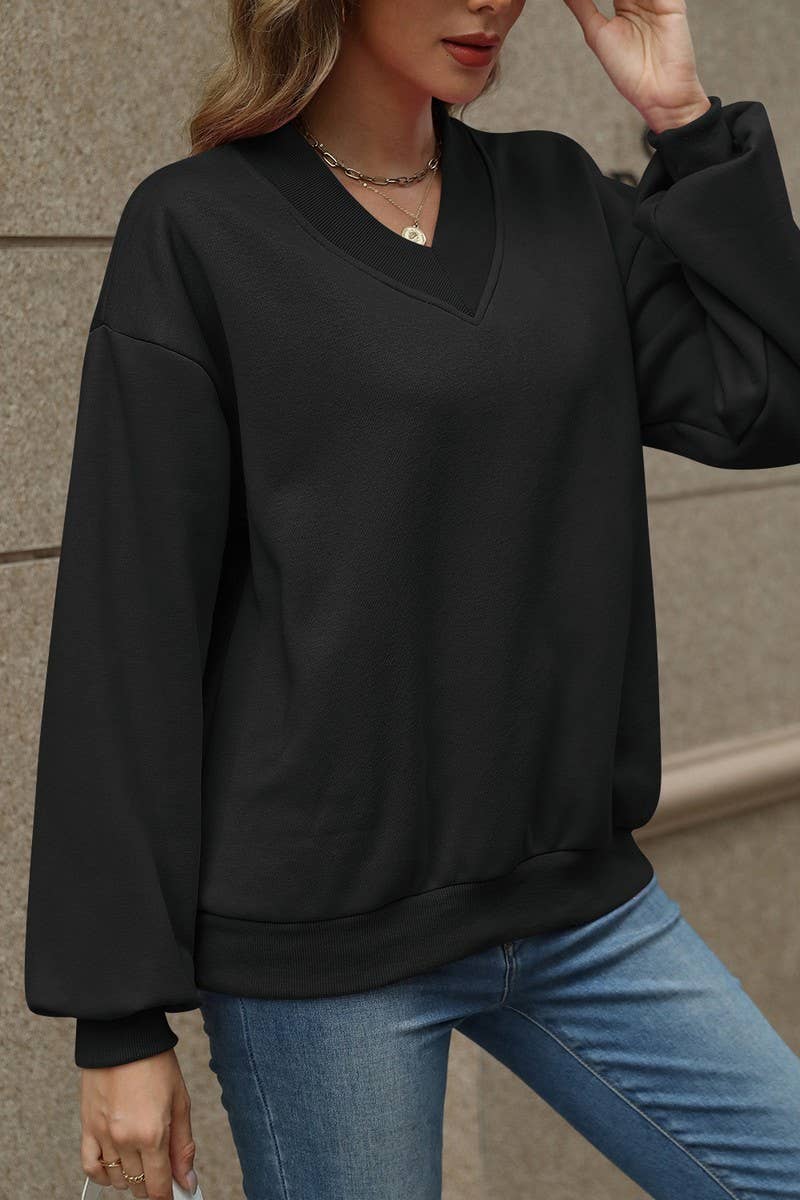 CWTBLL4011_SOLID V-NECK FLEECE LINED LOOSE FIT SWEATSHIRT