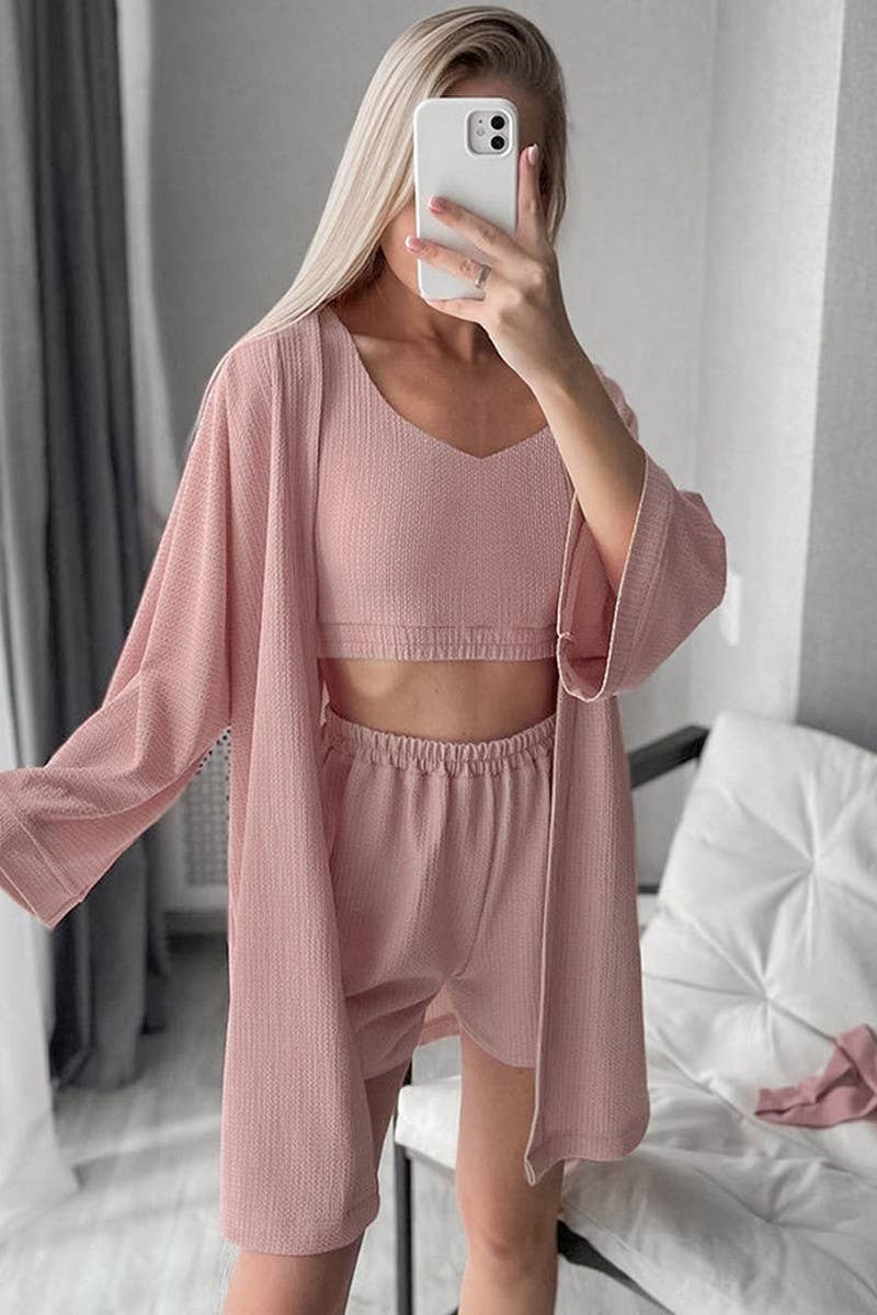 CWSPJ0404_SOLID COLOR KNITTED PAJAMAS THREE-PIECE SET