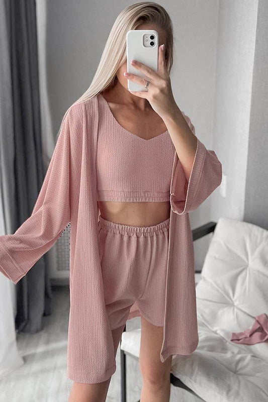 CWSPJ0404_SOLID COLOR KNITTED PAJAMAS THREE-PIECE SET