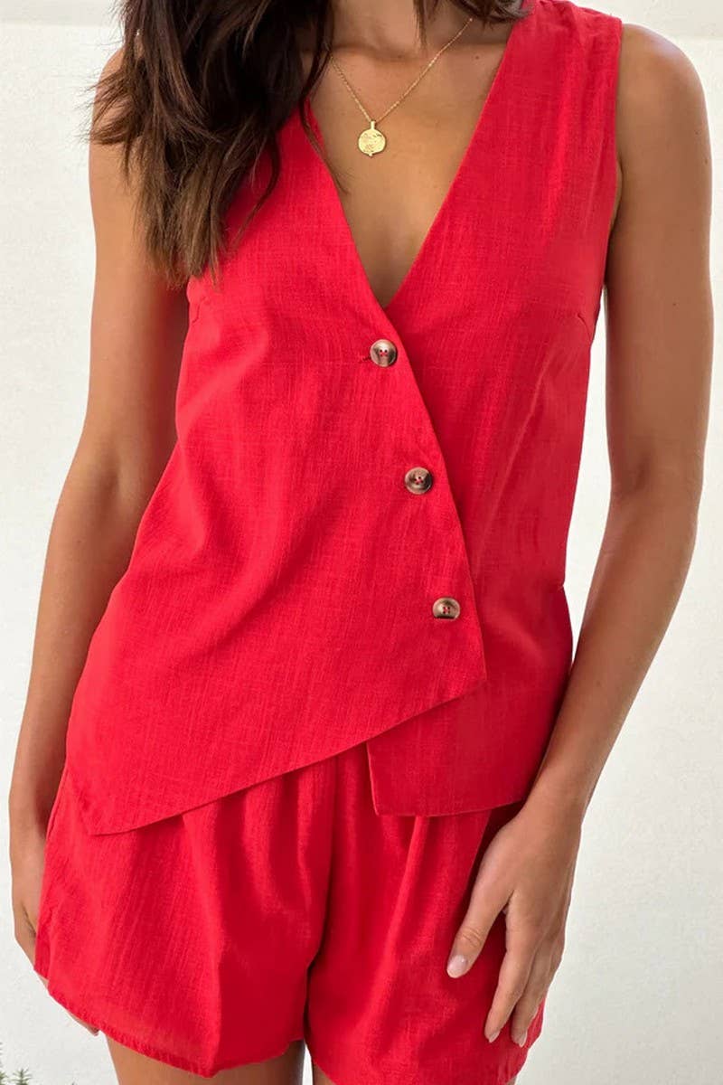 CWSTB1783_SOLID COLOR V-NECK WAIST TIE TANK & SHORTS SET