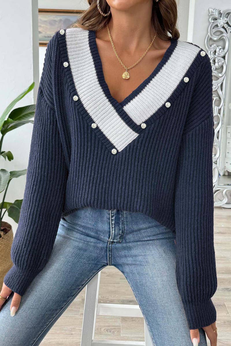 CWOSWL07387_WOMEN PEARL EMBELLISHED V NECK KNIT SWEATER