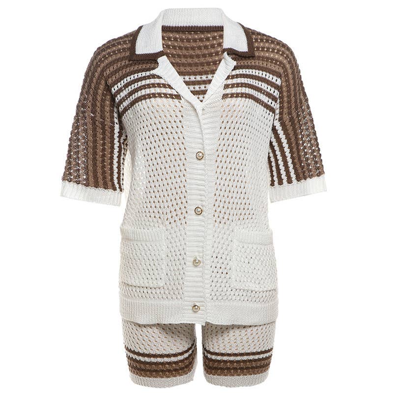 CUT-OUT LAPEL TOP HIGH-WAISTED SHORTS KNIT SUIT