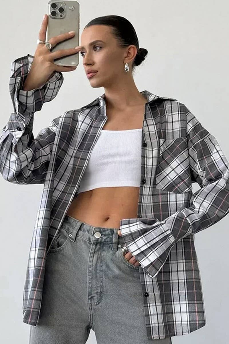 CWTBLL557_CLASSIC LOOSE CASUAL PLAID LONG-SLEEVED SHIRT
