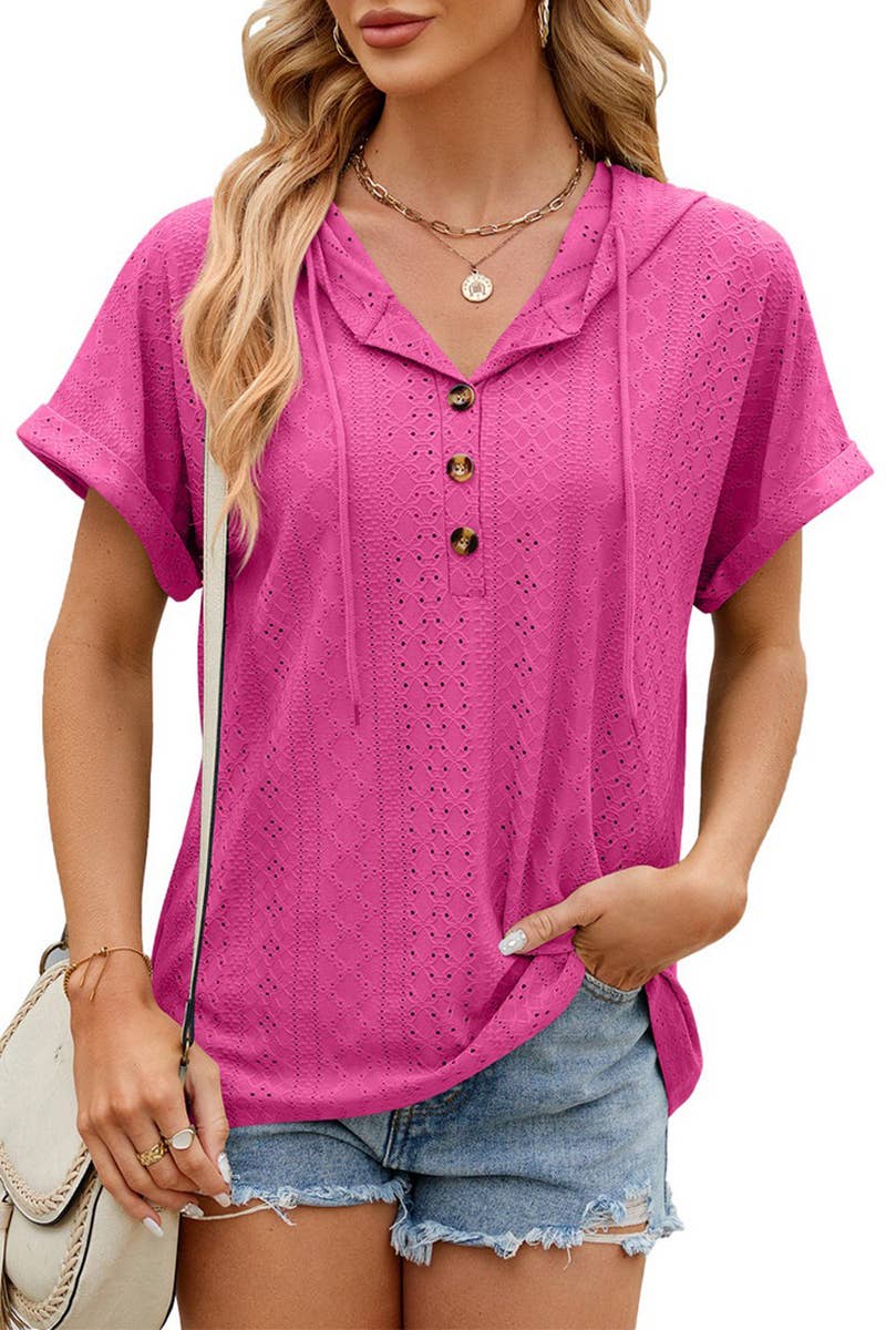 CWTTS1351_SUMMER BUTTON HOODED SHORT-SLEEVED T-SHIRT