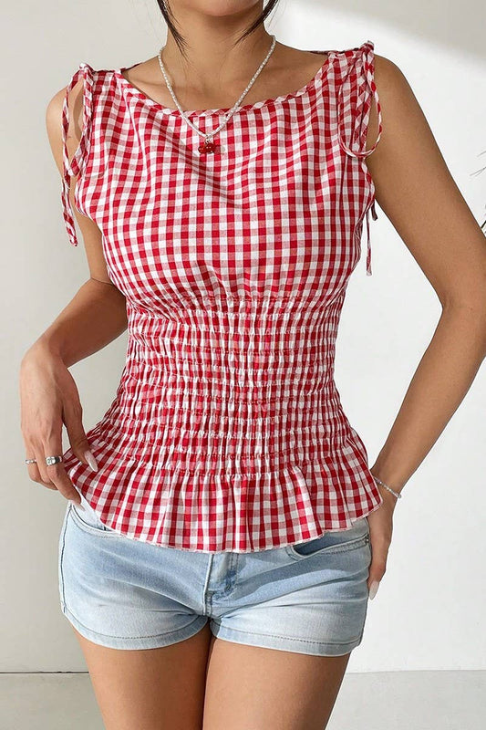 CWBLP2060_TEMPERAMENT PLAID SUSPENDER DRAWSTRING TOP