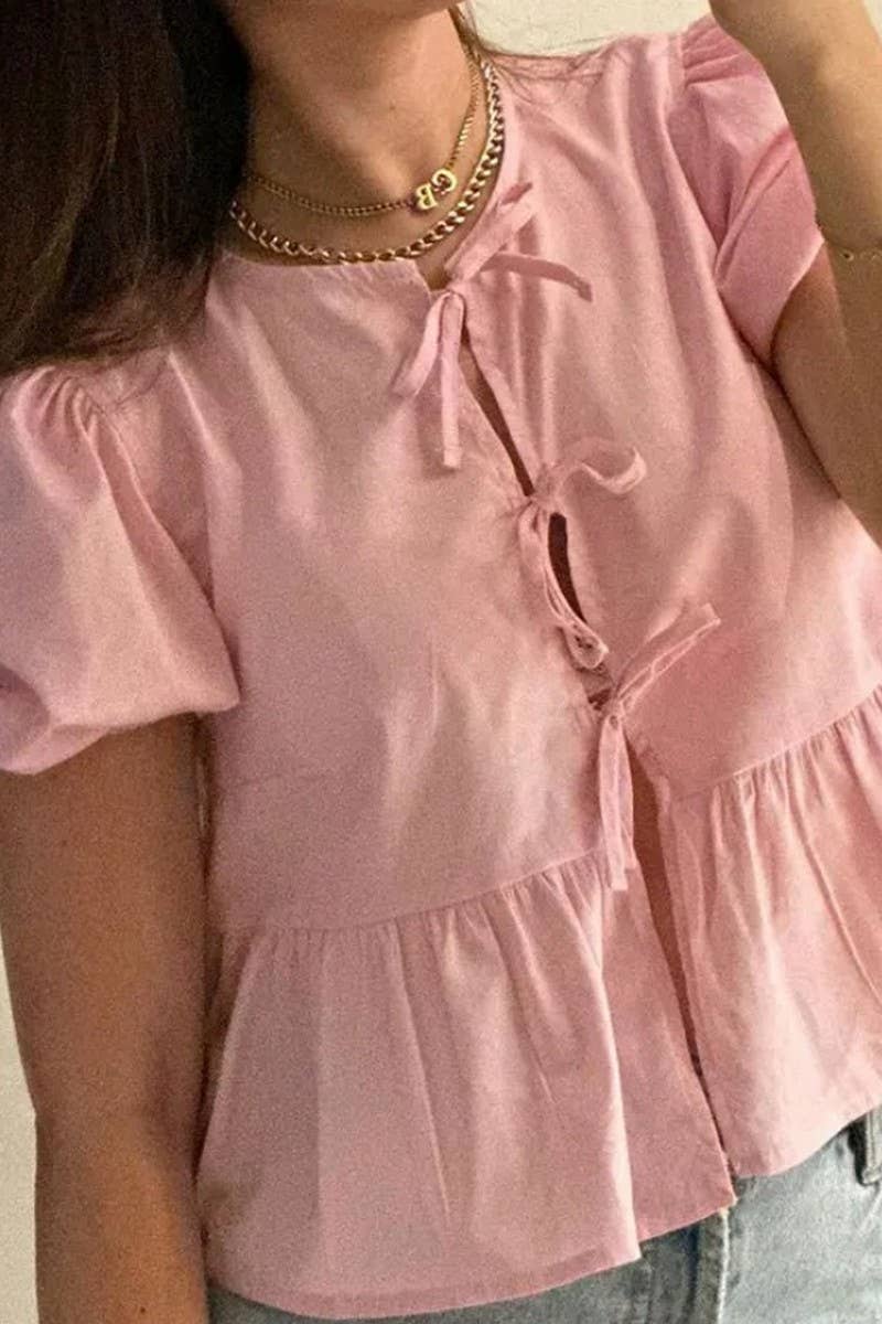 CWTBLL00717_SOLID COLOR PUFF SLEEVE PRINT LACE-UP SHIRT