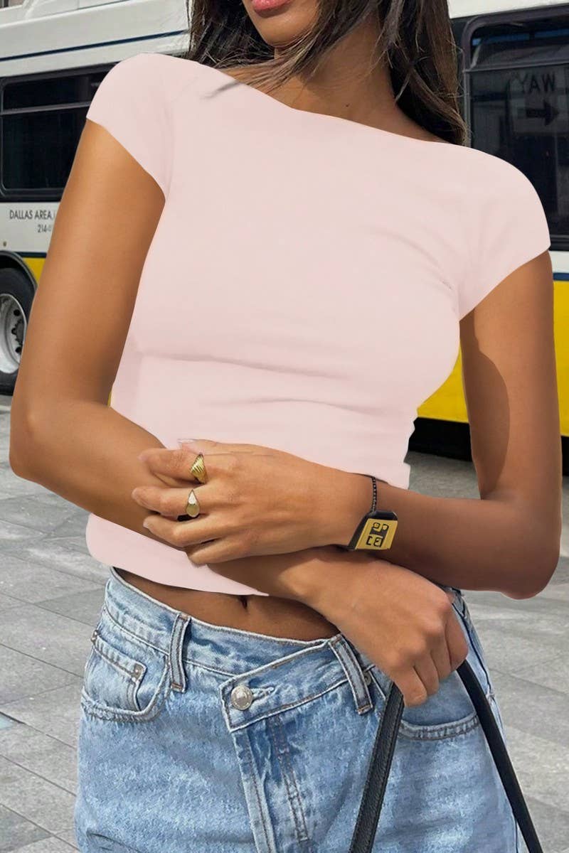 CWTBLS1584_ROUND NECK OPEN BACK SHORT SLEEVE TOP