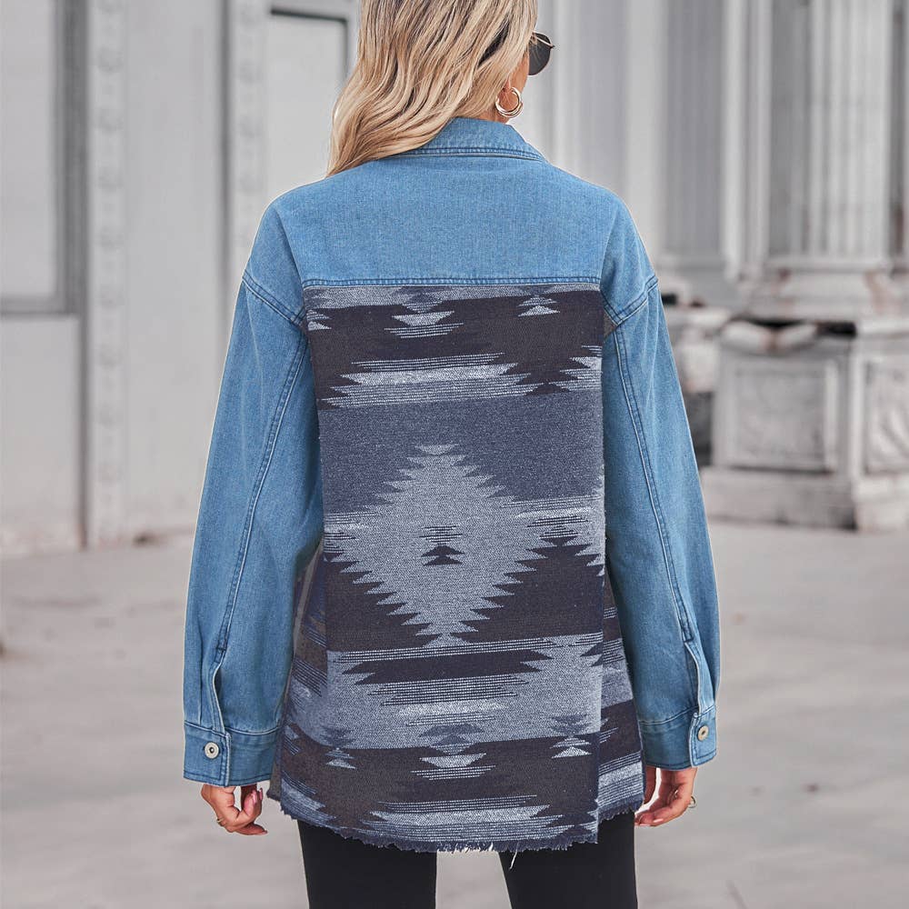 Denim patchwork lapel button-down woolen coat