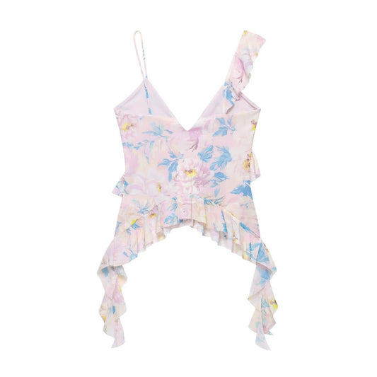 Design-sense layered printed mesh strappy top