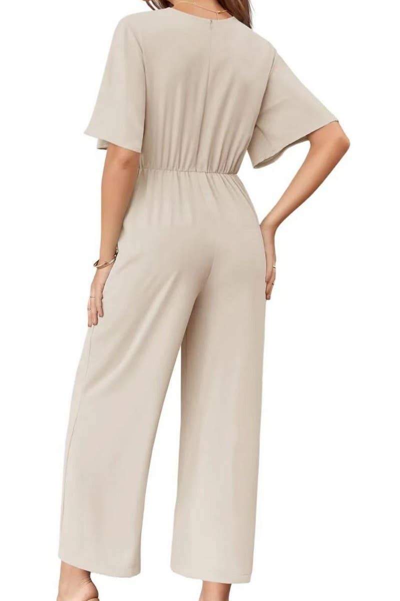CWSJS1693_SOLID COLOR V-NECK SHORT SLEEVE JUMPSUIT